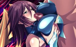 Rule 34 | 1boy, 1girl, aoi nagisa (metalder), bare shoulders, blue eyes, blush, breasts, breasts squeezed together, bridal gauntlets, brown hair, censored, clothed female nude male, clothed sex, covered erect nipples, fellatio, green eyes, hair ribbon, hetero, highres, huge breasts, kagano megu, lying, mahou shoujo ai, mosaic censoring, non-web source, nude, on back, open mouth, oral, paizuri, paizuri under clothes, penis, purple hair, ribbon, saliva, short hair, solo focus, tears, turtleneck