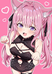 1girl :3 absurdres animal_ears antenna_hair bare_shoulders black_dress black_ribbon blush braid breasts cleavage dress extra_ears fang fanged_bangs fingernails hair_between_eyes hair_intakes hair_ribbon hakui_koyori hakui_koyori_(dark_maid) heart heart_background heart_o-ring highres hololive hosinonana jirai_kei large_breasts long_hair looking_up nail_polish navel o-ring o-ring_thigh_strap open_mouth paw_pose pink_background pink_hair pink_nails purple_eyes ribbon smile solo stomach thigh_strap thighs twintails virtual_youtuber wolf_ears wolf_girl