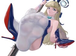 1girl absurdres animal_ears blonde_hair blue_archive blue_eyes fake_animal_ears feet high_heels highres holding holding_shoes holding_unworn_clothes leotard light_blush long_hair looking_at_viewer pole_dancing rabbit_ears right_shoe_removed see-through_clothes see-through_legwear shoe_soles shoes single_shoe soles stiletto_heels thighhighs toes toki_(blue_archive) toki_(bunny)_(blue_archive) unworn_shoes white_thighhighs yukiale