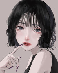 1girl black_eyes black_hair bob_cut grey_background index_finger_raised looking_at_viewer original purple_nails red_lips short_hair simple_background solo ushi_yo