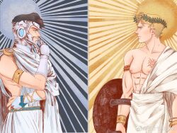 2boys abs alternate_costume ancient_greek_clothes avengers_(series) black_hair blonde_hair blue_eyes border bracelet cape chest_tattoo chiton closed_mouth collarbone cowboy_shot crescent crescent_print facial_hair gauntlets gold_bracelet greco-roman_clothes grey_armor hand_on_own_chin hand_up helmet highres holding holding_shield jewelry laurel_crown looking_at_another male_focus marvel multiple_boys muscular muscular_male nipples pectorals shield shirt short_hair single_bare_shoulder smile standing steve_rogers sun sun_symbol tattoo tony_stark white_cape white_shirt xiao_zhe_kuaipao