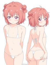 1girl ahoge akaza_akari arms_behind_back ass back bare_arms bare_shoulders bikini blush chrislu07 closed_mouth collarbone commentary cowboy_shot dimples_of_venus double_bun flat_chest from_behind hair_bun hands_on_own_ass highres loli looking_at_viewer looking_back micro_bikini multiple_views navel purple_eyes red_hair short_hair simple_background solo standing swimsuit twitter_username white_background white_bikini yuruyuri