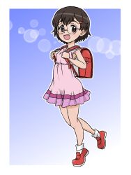 1girl backpack bag blush brown_eyes brown_hair dress full_body girls_und_panzer glasses hair_ornament hairclip kawashima_third_daughter looking_at_viewer open_mouth pink_dress randoseru short_hair simple_background smile solo takahashi_kurage