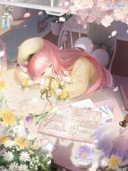 1girl arms_on_table artist_request bag bedroom beret blunt_bangs book buttons carpet closed_eyes collared_shirt copyright_name crossed_arms daisy desk_lamp dot_nose eyelashes falling_petals flower frilled_sleeves frills fur_hat game_cg gleam green_ribbon hat hat_flower head_on_arm head_on_table highres indoors jacket jewelry lamp layered_sleeves light_particles logo long_hair long_sleeves miracle_nikki momo_(nikki) necklace nikki_(nikki) nikki_(series) notebook official_art on_chair open_book pen petals pink_flower pink_hair pink_rose plant potted_plant purple_flower refraction_of_light_(miracle_nikki) ribbon rose shirt shoulder_bag sidelocks sitting sleeping sleeve_ribbon snow_globe snowflake_necklace solo sweater_jacket third-party_source tulip unworn_jewelry unworn_necklace upper_body vase water wavy_hair white_flower white_shirt wooden_floor yellow_flower yellow_hat yellow_jacket