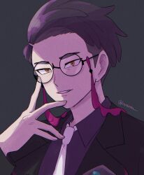 1boy arm_up black-framed_eyewear black_jacket collared_shirt corbeau_(pokemon) film_grain fingernails glasses grey_background highres jacket lapels looking_at_viewer male_focus necktie nintendo notched_lapels nuno_(huroooo) orange_eyes parted_hair parted_lips pokemon pokemon_legends:_z-a purple_hair purple_shirt round_eyewear shirt short_hair sideburns simple_background smile solo teeth twitter_username upper_body white_necktie wing_collar