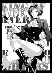 1girl absurdres ahoge ascot black872233196 black_border boots border breasts commentary copyright_name elisabeth_blanctorche greyscale highres holding holding_whip monochrome short_hair solo the_king_of_fighters whip