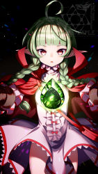 1girl ahoge black_background blunt_bangs bow braid brown_gloves cape cluseller commission cowboy_shot dragonstone dress fire_emblem fire_emblem_awakening gloves green_hair highres long_hair long_sleeves looking_at_viewer nah_(fire_emblem) nintendo pink_dress pointy_ears red_bow red_cape red_eyes sample_watermark skeb_commission solo stone twin_braids watermark
