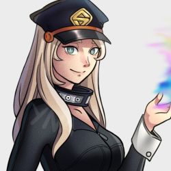 Rule 34 | 1girl, black bodysuit, blonde hair, bodysuit, boku no hero academia, breasts, cosplay, green eyes, haiba arisa, haikyuu!!, hat, large breasts, long hair, looking at viewer, smile, solo, utsushimi kemii, utsushimi kemii (cosplay), yna arts, zipper pull tab