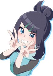 1girl black_hair black_shirt blue_eyes blue_hoodie blush double_w hair_bun hair_ornament hairclip highres hood hoodie kame_san liko_(pokemon) looking_at_viewer nintendo pokemon pokemon_(anime) pokemon_horizons shirt sleeveless sleeveless_hoodie smile solo teeth three-quarter_sleeves twitter_username upper_body w white_background