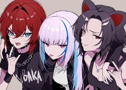 3girls \m/ ange_katrina animal_ears arm_around_shoulder bare_shoulders black_collar black_jacket black_nails black_shirt black_tank_top blue_eyes blue_hair breasts brown_hair chain chain_necklace cleavage clothes_writing collar commentary_request crossed_bangs dog_ears fang glaring grey_background grin group_name hair_between_eyes hair_intakes hair_ornament half-closed_eyes hand_up haruwo heterochromia highres inui_toko jacket jewelry lapels lize_helesta long_bangs long_hair looking_at_viewer lower_teeth_only multicolored_hair multiple_girls nail_polish necklace nijisanji official_alternate_costume open_clothes open_jacket open_mouth parted_bangs pendant purple_eyes raised_eyebrow red_eyes red_hair ring sanbaka_(nijisanji) shirt short_hair short_sleeves sidelocks simple_background skin_fang small_breasts smile spiked_collar spikes streaked_hair t-shirt tank_top teeth tongue tongue_out two-tone_hair upper_body v-shaped_eyebrows virtual_youtuber white_hair white_shirt wristband yellow_eyes
