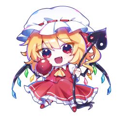 1girl apple ascot blonde_hair chibi commentary crystal crystal_wings fang flandre_scarlet food fruit full_body hat hat_ribbon holding holding_food holding_fruit laevatein_(touhou) looking_at_viewer mob_cap one_side_up open_mouth puffy_sleeves red_eyes red_skirt red_vest ribbon short_sleeves sia_6767 side_ponytail simple_background skirt smile solo touhou vest white_background wings yellow_ascot