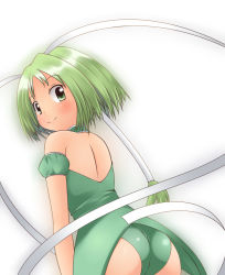 00s 1girl a-ktoo arm_garter arm_ribbon ass bare_shoulders breasts choker female_focus green_eyes green_hair green_shirt leotard long_hair looking_back magical_girl matching_hair/eyes mew_lettuce midorikawa_lettuce ponytail ribbon shirt smile solo tokyo_mew_mew
