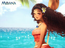 1girl bare_shoulders black_hair brown_eyes brown_hair curly_hair dark-skinned_female dark_skin esther_shen flower hair_flower hair_ornament jewelry long_hair looking_at_viewer moana_(movie) moana_waialiki necklace smile solo strapless upper_body water