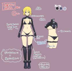 Rule 34 | 1girl, :3, ass, bikini, black bikini, black footwear, black gloves, black shrug, black thighhighs, blonde hair, blue eyes, blush, body blush, breasts, reference sheet, cleavage, color guide, concept art, crossover, from behind, full body, gantz, gantz suit, gloves, gluteal fold, green eyes, groin, heterochromia, large breasts, latex, linea alba, looking at viewer, median furrow, micro bikini, multiple views, neon trim, notes, official art, production art, purple background, revealing clothes, ryouna (senran kagura), senran kagura, senran kagura new link, senran kagura shinovi versus, shiny skin, shoes, short hair, shrug (clothing), sideboob, smile, standing, swimsuit, thigh strap, thighhighs, translation request, turnaround, underboob