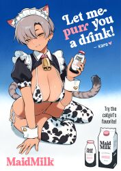 1girl absurdres animal_ears animal_print bell bikini blue_background blush breasts cat_ears cat_girl cat_tail character_name cleavage commentary cow_print cow_print_bikini cow_print_thighhighs cowbell earrings english_commentary english_text extra_ears full_body gradient_background heart highres holding holding_jar jar jewelry kara_(vertigris) large_breasts maid_headdress milk_carton navel neck_bell original parted_lips print_bikini print_thighhighs ribbon_trim short_sleeves shrug_(clothing) side-tie_bikini_bottom sitting smile solo stud_earrings swimsuit tail thighhighs vertigris wrist_cuffs yokozuwari