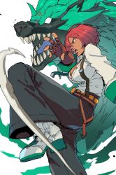 Rule 34 | 1girl, belt, blue tongue, breasts, brown gloves, cleavage, colored tongue, dark-skinned female, dark skin, fingerless gloves, giovanna (guilty gear), gloves, green fur, guilty gear, guilty gear strive, high-waist pants, highres, isaacchief300, kicking, large breasts, open mouth, pants, partially unbuttoned, red hair, rei (guilty gear), sharp teeth, shirt, shoes, suspenders, teeth, white eyes, white shirt, white shoes, wolf