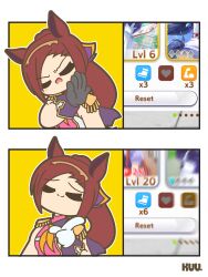 Rule 34 | 1girl, absurdres, animal ears, black gloves, brown hair, closed eyes, closed mouth, commentary, drakeposting (meme), english commentary, epaulettes, gameplay mechanics, gloves, highres, horse ears, horse girl, kuhl-notes, long hair, meme, neckerchief, open mouth, orange neckerchief, pink shirt, sakura bakushin o (umamusume), shirt, sleeveless, sleeveless shirt, smile, umamusume, upper body