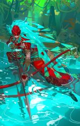 Rule 34 | absurdres, armor, arrow (projectile), bow (weapon), commentary, drawing bow, forest, highres, holding, holding bow (weapon), holding weapon, mask, monster hunter (character), monster hunter (series), monster hunter wilds, nature, nslacka, red armor, river, wading, water, weapon