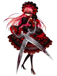 1girl black_dress blood bloody_weapon chardoll_primavista dairoku_ryouhei doll_joints dress eye_mask full_body high_heels holding holding_scissors joints kokuzu long_sleeves pink_hair puffy_long_sleeves puffy_sleeves red_dress scissors standing transparent_background weapon