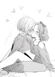 2girls between_legs blush bow_hairband bra_strap breasts closed_eyes commentary dolphin_shorts ebizuka_tomo girls_band_cry greyscale hairband hand_on_another&#039;s_neck heart highres kiss large_breasts licking licking_another&#039;s_face licking_another&#039;s_lips long_sleeves lwmina70119 medium_hair monochrome multiple_girls rupa_(girls_band_cry) shirt short_hair shorts sweat yuri