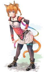 1girl animal_ears belt black_footwear black_leggings braid cat_ears cat_girl collar commentary_request facepaint facial_mark fire_emblem fire_emblem:_radiant_dawn frown fuussu_(21-kazin) hand_guard hunched_over laguz_(fire_emblem) leggings looking_at_viewer lyre_(fire_emblem) messy_hair multicolored_eyes nintendo o-ring o-ring_belt orange_hair orange_tail pink_collar shorts side_slit side_slit_shorts solo thigh_belt thigh_strap whisker_markings
