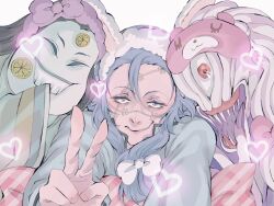 3girls alternate_form blue_hair bow brown_hair closed_mouth cursed_spirit_(jujutsu_kaisen) cyclops eyelashes food fruit genderswap genderswap_(mtf) ghost green_kimono grin hair_bow hairband heart heterochromia highres ivii3 japanese_clothes jujutsu_kaisen kimono lemon lemon_slice long_hair mahito_(jujutsu_kaisen) monster multiple_girls one-eyed orimoto_rika pink_hairband red_eyes sharp_teeth sleep_mask smile squinting stitched_face stitches tamamo-no-mae_(jujutsu_kaisen) teeth v white_bow
