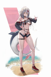 Rule 34 | 1girl, absurdres, ai-generated art (topic), bags under eyes, bikini, bikini bottom only, breasts, fins, fish tail, goddess of victory: nikke, grey hair, hair between eyes, hair ornament, hairclip, highres, italian brainrot ai animals (meme), jamonda, large breasts, long hair, looking at viewer, meme, messy hair, nail polish, navel, scar, scar on stomach, shark, shark tail, sharp teeth, shiny skin, shoes, shorts, sneakers, solo, standing, sunglasses, swimsuit, tail, teeth, torn clothes, underboob, yellow eyes, yulha (nikke)