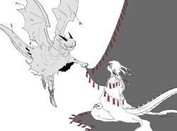 Rule 34 | 2boys, absurdres, animal ears, arrow (projectile), boots, cloak, commentary request, dragon boy, dragon ears, dragon horns, dragon tail, dragon wings, eastern dragon horns, eastern dragon tail, entangled, flying, full body, grey background, highres, horns, hotathino, injury, japanese clothes, kimono, long hair, looking at another, male focus, multiple boys, original, pointy ears, seiza, short hair, sitting, split theme, stab, string of flags, tail, torn clothes, white background, wings