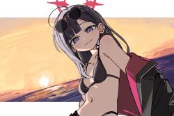 1girl ahoge bare_shoulders bikini black_bikini black_hair black_jacket blue_archive blunt_bangs blush border breasts cleavage closed_mouth collarbone ear_piercing evening eyewear_on_head gradient_sky hair_behind_ear halo highres ichika_(blue_archive) ichika_(swimsuit)_(blue_archive) jacket long_hair long_sleeves looking_at_viewer miya_(miya-oekaki1128) navel ocean off_shoulder official_alternate_costume open_clothes open_jacket orange_sky outdoors outside_border piercing pink_jacket purple_eyes red_halo sky small_breasts smile solo stomach string_bikini sun sunglasses sunset swimsuit two-sided_fabric upper_body white_border