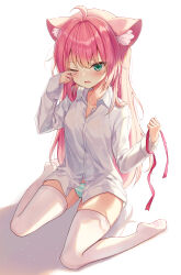 1girl absurdres animal_ears aqua_eyes cat_ears cat_girl chii_aruel commentary dress_shirt full_body highres holding holding_ribbon kemonomimi_mode long_hair long_sleeves looking_at_viewer no_pants one_eye_closed panties paw_print_soles pink_hair rangtori ribbon rubbing_eyes shirt sitting sleepy soulworker striped_clothes striped_panties tears thighhighs underwear wariza white_shirt white_thighhighs