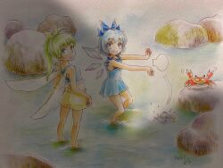 Rule 34 | 2girls, bare legs, bare shoulders, barefoot, blue bow, blue hair, blue ribbon, blue tank top, blush, bow, breasts, cirno, clenched teeth, closed eyes, crab, daiyousei, fairy wings, green eyes, green hair, highres, ice, ice wings, long hair, looking up, multiple girls, ocean, one-piece swimsuit, open mouth, ponytail, puff of air, q-bee (aaru), ribbon, rock, scared, see-through clothes, shadow, short hair, shorts, small breasts, splashing, squiggle, standing, surprised, swimsuit, tank top, teeth, touhou, traditional media, wading, white background, wings, yellow ribbon, yellow shorts