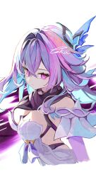 1girl blue_hair breasts cleavage closed_mouth commentary cropped_torso dress genshin_impact hair_between_eyes highres long_hair looking_at_viewer medium_breasts multicolored_hair pink_eyes purple_hair signature simple_background skirk_(genshin_impact) solo streaked_hair touka_(pixiv71609120) white_background white_dress