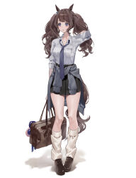 Rule 34 | 1girl, absurdres, alternate costume, animal ears, arm up, bag, black shoes, black skirt, blue necktie, blush, breasts, brown hair, clothes around waist, commentary request, full body, gyaru, highres, holding, holding bag, horse ears, horse girl, horse tail, long hair, long sleeves, looking ahead, medium breasts, necktie, pigeon-toed, pleated skirt, purple eyes, school bag, school uniform, shirt, shoes, simple background, skirt, sleeves rolled up, solo, standing, tail, tosen jordan (umamusume), twintails, umamusume, white background, white shirt, yogukasu