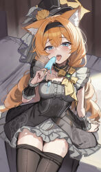 1girl absurdres animal_ears black_hairband blue_archive blue_eyes brown_pantyhose clothes_pull food hairband halo highres holding holding_food holding_popsicle looking_at_viewer mari_(blue_archive) mari_(idol)_(blue_archive) official_alternate_costume open_mouth orange_hair p1n pantyhose pantyhose_pull popsicle solo yellow_halo
