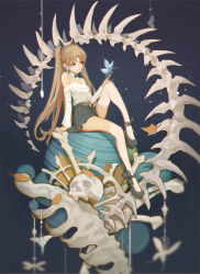 Rule 34 | 1girl, belt, bone, brown hair, bug, frilled shirt, frills, full body, hair ornament, halterneck, hand on own knee, high-waist skirt, highres, insect, leaf, light particles, light smile, long hair, long sleeves, looking at hand, moth, orange eyes, original, parted bangs, platform shoes, shirt, sitting, skirt, skull, solo, spine, thighhighs, two side up, white thighhighs, wifc