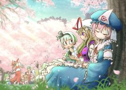Rule 34 | 6+girls, black eyes, black hair, black sclera, blonde hair, chamaji, cherry blossoms, collared shirt, colored sclera, dango, dress, food, green hair, hair ribbon, hairband, hakurei reimu, hanami, highres, ibuki suika, japanese clothes, kazami yuuka, kirisame marisa, kochiya sanae, konpaku youmu, light brown hair, long hair, miko, multiple girls, outdoors, pink hair, purple eyes, ribbon, saigyouji yuyuko, shirt, short hair, silver hair, touhou, tree, umbrella, wagashi, yakumo yukari, zun hat