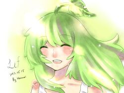 Rule 34 | 1girl, artist name, blush, character name, closed eyes, commentary, dated, dress, english commentary, green hair, lif (ragnarok online), long hair, nanami (s881201guy), open mouth, plant hair, ragnarok online, round teeth, simple background, smile, solo, sundress, teeth, upper body, upper teeth only, white background, white dress