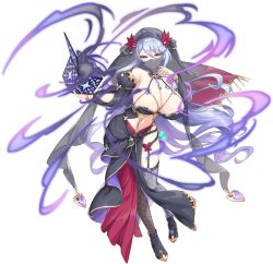1girl artist_request asymmetrical_legwear bare_shoulders box bracelet breasts cleavage femme_fatale_(legend_clover) full_body game_cg grey_hair hand_to_own_mouth high_heels highres holding holding_box jewelry large_breasts legend_clover light_smile long_hair navel official_art purple_eyes revealing_clothes solo third-party_source transparent_background veil very_long_hair