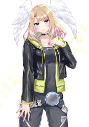 1girl black_bodysuit black_jacket blonde_hair blue_eyes bodysuit breast_tattoo breasts commentary_request cowboy_shot eunie_(xenoblade) green_hoodie head_wings highres hood hoodie jacket large_breasts leather leather_jacket open_clothes open_hoodie open_jacket shinae simple_background solo tattoo white_background white_wings wings xenoblade_chronicles_(series) xenoblade_chronicles_3