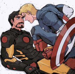 Rule 34 | 2boys, arc reactor, armor, avengers (series), black armor, black hair, blonde hair, blood, blood from mouth, blue bodysuit, blue eyes, bodysuit, boots, captain america, clenched hand, commentary, english commentary, facial hair, gloves, highres, holding, holding shield, hood, hooded bodysuit, injury, iron man, looking at another, male focus, marvel, multicolored armor, multiple boys, muscular, muscular male, on one knee, red boots, red gloves, shadow, shield, short hair, simple background, sitting, smile, star (symbol), steve rogers, superhero costume, teeth, tony stark, v-shaped eyebrows, vertical-striped bodysuit, weibo 7899261198, white background, yellow armor