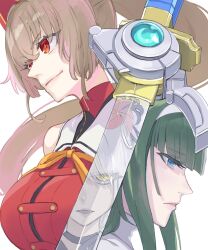 Rule 34 | 3girls, animal ears, assault lily, black choker, black flower, blue eyes, blunt bangs, breasts, brown hair, cat ears, choker, closed mouth, commentary request, crossed bangs, fake animal ears, flower, green hair, grey hair, hair between eyes, hairband, hasebe touka, highres, kondou misaka, large breasts, long hair, looking ahead, looking at viewer, mila (yuta27315), multiple girls, neck ribbon, out of frame, parted lips, ponytail, profile, red eyes, red shirt, reflection, ribbon, sailor collar, school uniform, shirt, sidelocks, sleeveless, sleeveless shirt, smile, sparkling eyes, sword, upper body, v-shaped eyebrows, weapon, white hairband, white sailor collar, yamaguchi chihiro (assault lily), yellow eyes, yellow ribbon, yurigaoka girls academy school uniform
