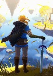Rule 34 | 1boy, 2025, asymmetrical gloves, black cape, black gloves, blue shirt, blue sky, boots, brown boots, cape, commentary request, day, elbow gloves, fingerless gloves, floating island, from behind, gloves, green gloves, hand on hilt, hood, hood down, hooded cape, knee boots, kosumi, link, long hair, male focus, master sword, mismatched gloves, nintendo, outdoors, pants, pointy ears, ponytail, shirt, signature, sky, solo, sword, the legend of zelda, the legend of zelda: tears of the kingdom, tree, weapon, white pants