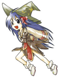 1girl :d ark_kan black_eyes blue_hair brown_shirt brown_skirt commentary_request full_body green_hat hanbok hat jumping korean_clothes long_hair long_sleeves looking_afar lowres open_mouth print_hat ragnarok_online shirt simple_background skirt smile solo soul_linker_(ragnarok_online) star_(symbol) star_print very_long_hair white_background witch_hat