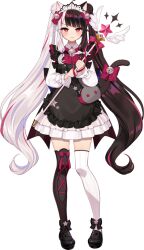 1girl ahoge animal_ears ankle_bow ankle_ribbon apron asymmetrical_legwear bag bell black_apron black_bow black_hair black_shoes black_thighhighs bow cat_ears cat_tail collared_dress double_bun dress fake_animal_ears fake_tail frilled_apron frilled_dress frills full_body hair_bell hair_bow hair_bun hair_ornament holding holding_wand jingle_bell long_hair long_sleeves looking_at_viewer maid maid_apron maid_headdress mismatched_legwear momoshiki_tsubaki multicolored_hair neck_bell nijisanji official_art red_bow red_eyes red_hair ribbon shoes shoulder_bag smile solo split-color_hair star_(symbol) star_print streaked_hair tachi-e tail tail_bow tail_ornament thighhighs transparent_background twintails two-tone_hair very_long_hair virtual_youtuber wand white_background white_dress white_thighhighs yorumi_rena yorumi_rena_(5th_costume)