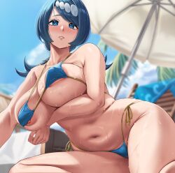 Rule 34 | 1girl, areola slip, arm under breasts, bikini, blue bikini, blue eyes, blue hair, blurry, blurry background, blush, breasts, highres, huge breasts, lana&#039;s mother (pokemon), large breasts, looking at viewer, mature female, medium hair, micro bikini, moisture (chichi), navel, nintendo, nipple slip, nipples, outdoors, parasol, parted lips, plump, pokemon, pokemon sm, side-tie bikini bottom, smile, solo, stomach, swimsuit, thighs, umbrella, wet