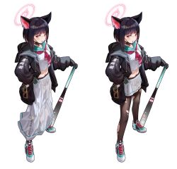 Rule 34 | 1girl, adapted costume, aircctzillie, animal ears, baseball bat, black choker, black hair, black jacket, blue archive, blush, breasts, cat ears, choker, colored inner hair, commentary, delinquent, extra ears, halo, holding, holding baseball bat, jacket, kazusa (blue archive), long skirt, long sleeves, mask, midriff, mouth mask, multicolored hair, pink hair, pink halo, pleated skirt, red eyes, school uniform, serafuku, shoes, skirt, sneakers, solo, sukeban, surgical mask, trinity general school logo, two-tone hair, white serafuku