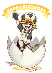 Rule 34 | 1boy, absurdres, aotu world, arm up, baseball cap, belt, bird, black gloves, black hat, black shoes, black shorts, blonde hair, blue eyes, blush, broken egg, chinese commentary, drawstring, eggshell, english text, fingerless gloves, gloves, hair between eyes, happy birthday, hat, highres, hood, hood down, hoodie, king (aotu world), looking at viewer, male focus, official art, open mouth, qi chuang she, shoes, short hair, short sleeves, shorts, simple background, smile, solo, teeth, w, white background, white hoodie, yellow belt
