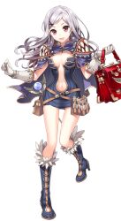 1girl bag belt boots breasts brown_belt brown_dress caduceus cape creator_(ragnarok_online) crystal_earrings dress earrings full_body fur-trimmed_boots fur_trim gloves grey_boots grey_dress grey_hair hair_ornament holding holding_bag jewelry large_variant_set long_hair looking_at_viewer medium_breasts nardack navel official_art open_mouth pink_eyes plunging_neckline purple_cape ragnarok:_guild_masters ragnarok_online red_bag short_dress simple_background smile solo staff standing standing_on_one_leg strapless strapless_dress swept_bangs teeth transparent_background variant_set vial wavy_hair white_gloves x_hair_ornament