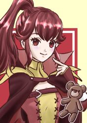 1girl absurdres anna_(fire_emblem) cloak closed_mouth finger_to_face fire_emblem fire_emblem_awakening highres momojikutteyaru nintendo ponytail red_cloak red_eyes red_hair sidelocks stuffed_animal stuffed_toy teddy_bear upper_body