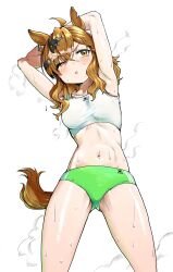 1girl :o ahoge amik0824 animal_ears armpits arms_up blush brown_eyes brown_hair buruma commentary_request cowboy_shot crossed_bangs from_below green_buruma highres horse_ears horse_girl horse_tail jungle_pocket_(umamusume) looking_to_the_side midriff navel one_eye_closed shirt smell solo sports_bra standing stomach stretching sweat tail toned toned_female umamusume white_shirt